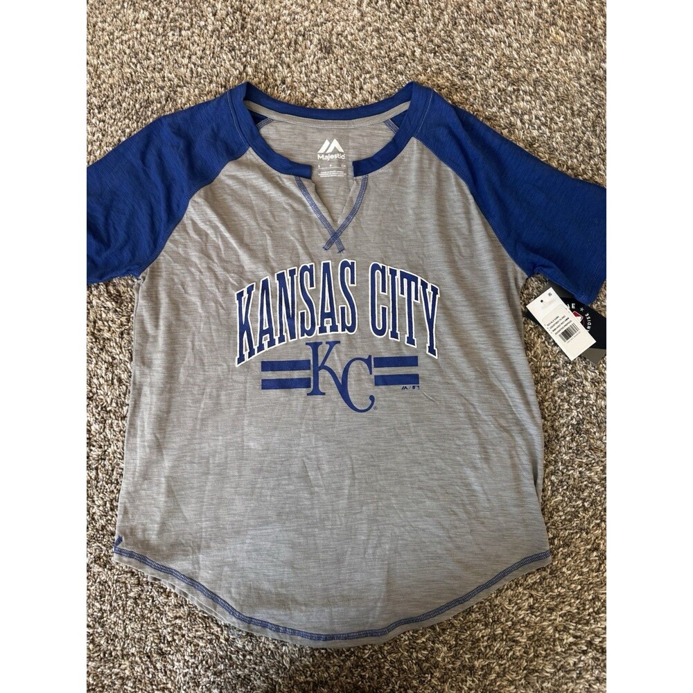 Kansas City Royals Majestic Women’s Small Gray Blue Raglan T Shirt NWT MLB